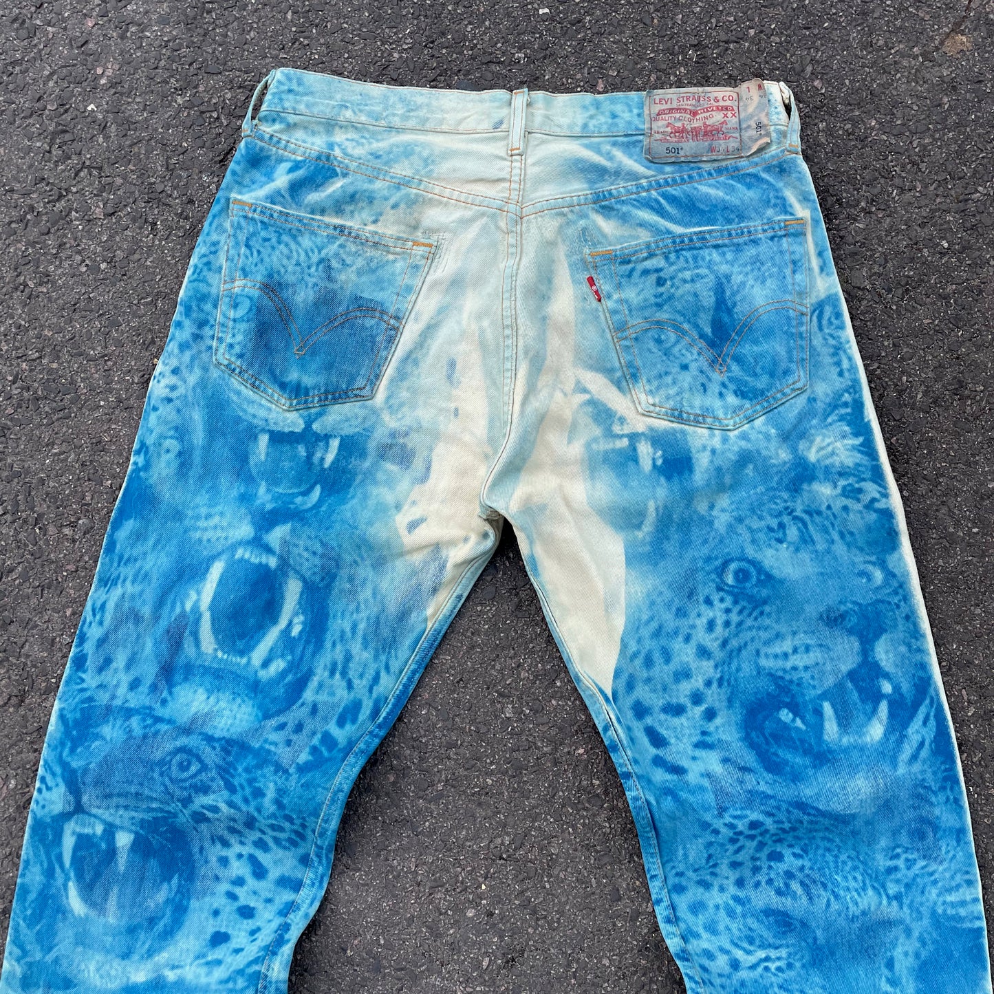 Hand-Reworked Leopard Print Jeans – Blue Art Denim Pants, 1 of 1 Upcycled Piece