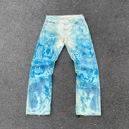 Hand-Reworked Leopard Print Jeans – Blue Art Denim Pants, 1 of 1 Upcycled Piece