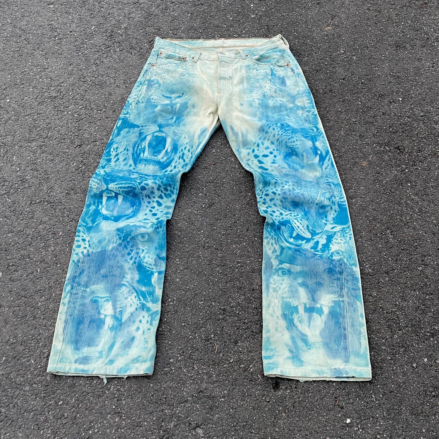 Hand-Reworked Leopard Print Jeans – Blue Art Denim Pants, 1 of 1 Upcycled Piece