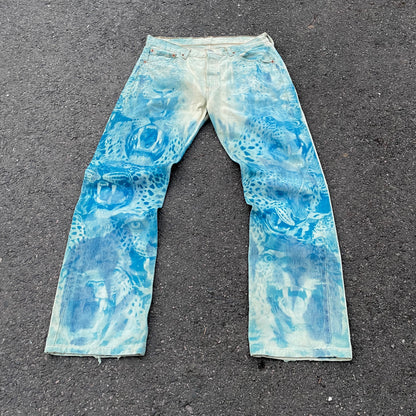 Hand-Reworked Leopard Print Jeans – Blue Art Denim Pants, 1 of 1 Upcycled Piece