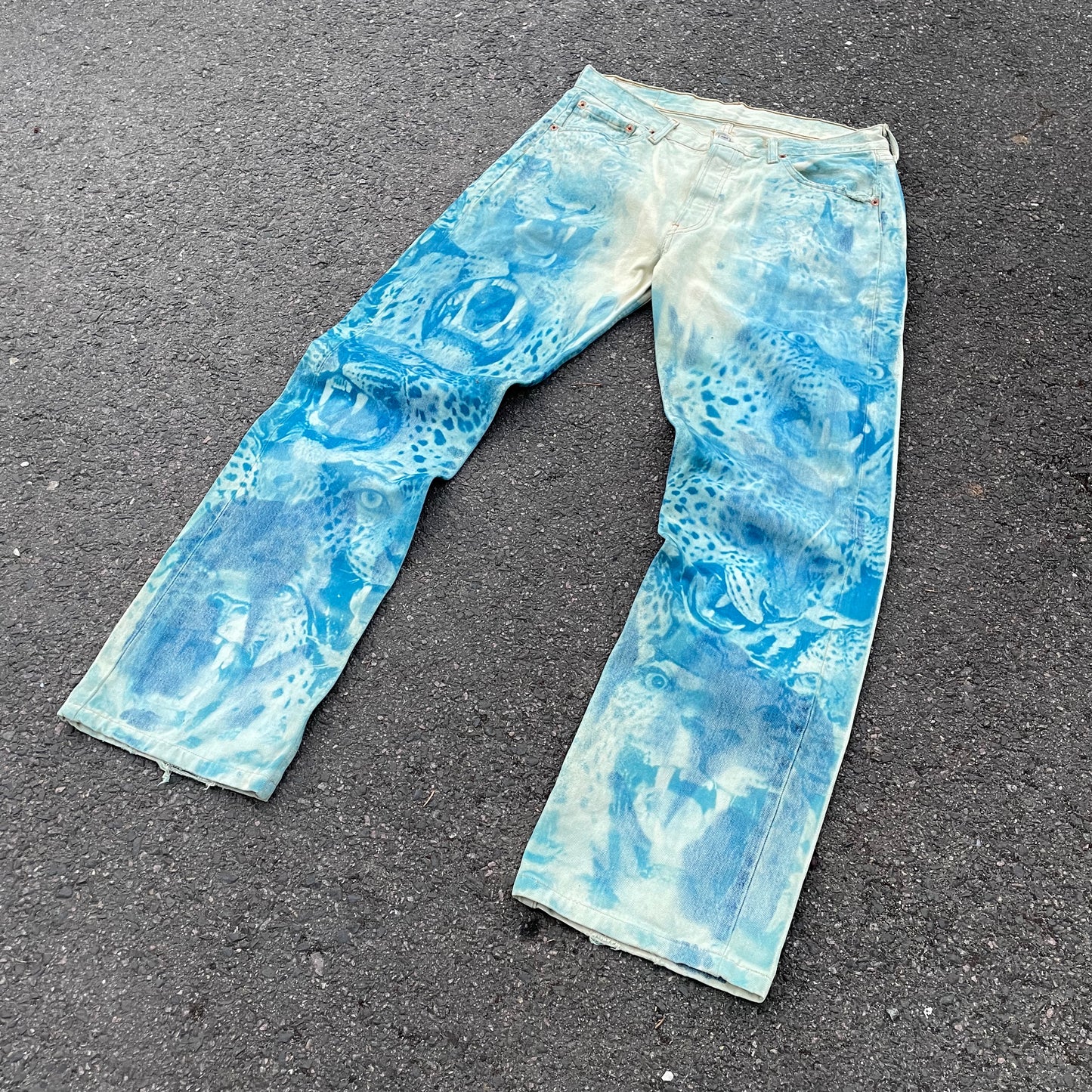 Hand-Reworked Leopard Print Jeans – Blue Art Denim Pants, 1 of 1 Upcycled Piece
