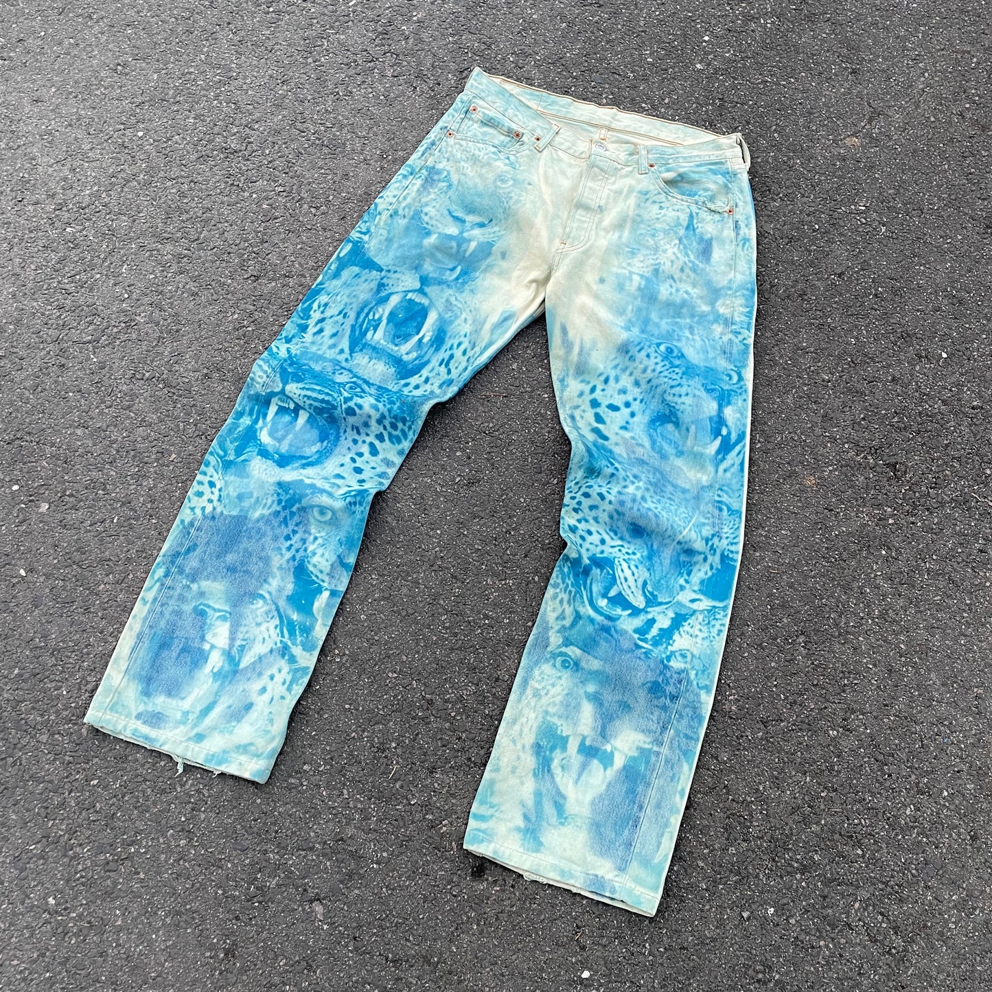 Hand-Reworked Leopard Print Jeans – Blue Art Denim Pants, 1 of 1 Upcycled Piece