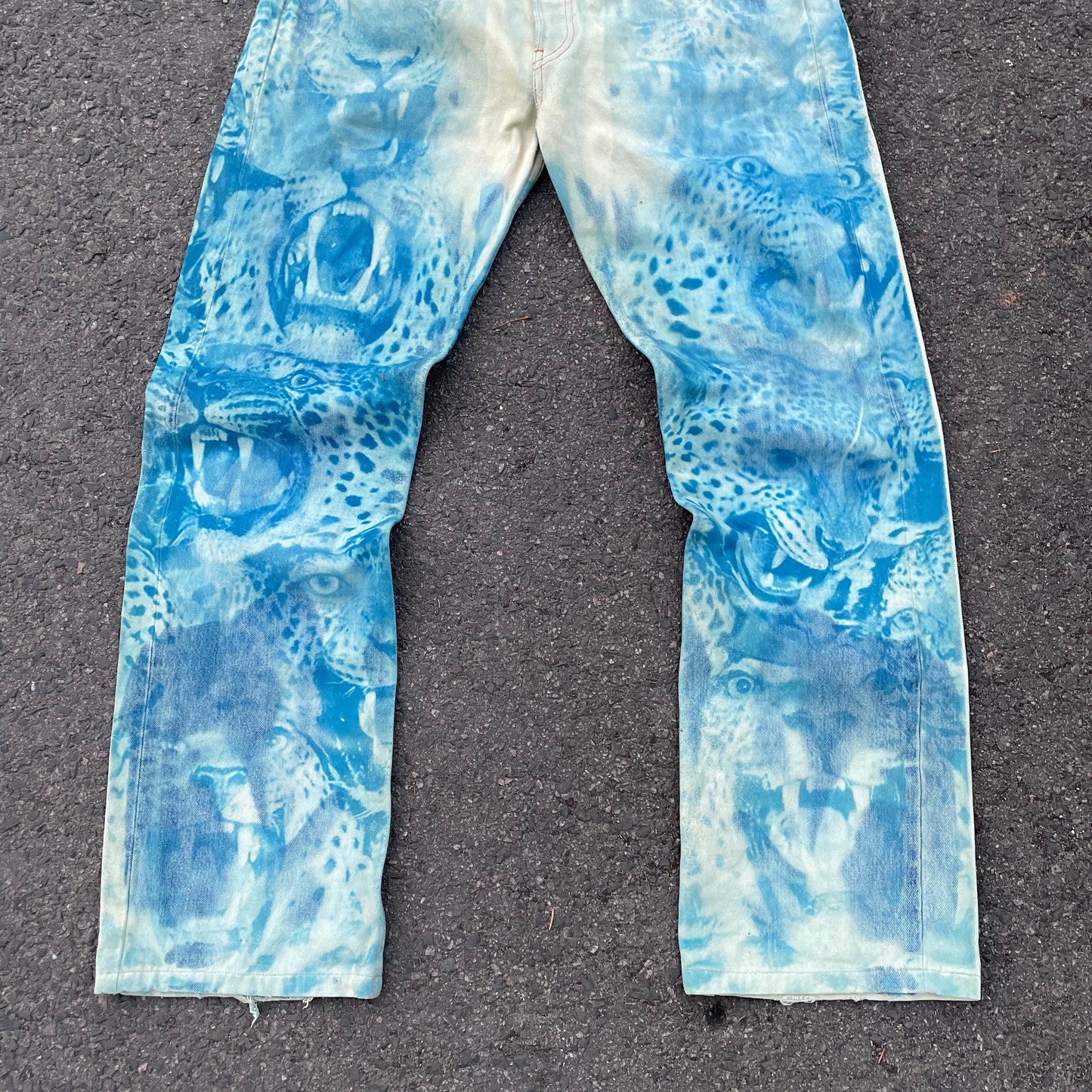 Hand-Reworked Leopard Print Jeans – Blue Art Denim Pants, 1 of 1 Upcycled Piece