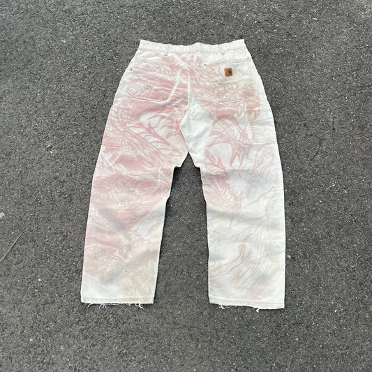 Custom Carhartt Dragon Pants – W34 Off-White Utility Fit with Faded Red Dragon Art | Vintage Workwear 1 of 1