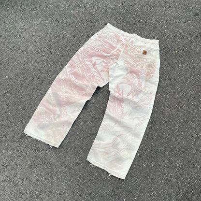 Custom Carhartt Dragon Pants – W34 Off-White Utility Fit with Faded Red Dragon Art | Vintage Workwear 1 of 1
