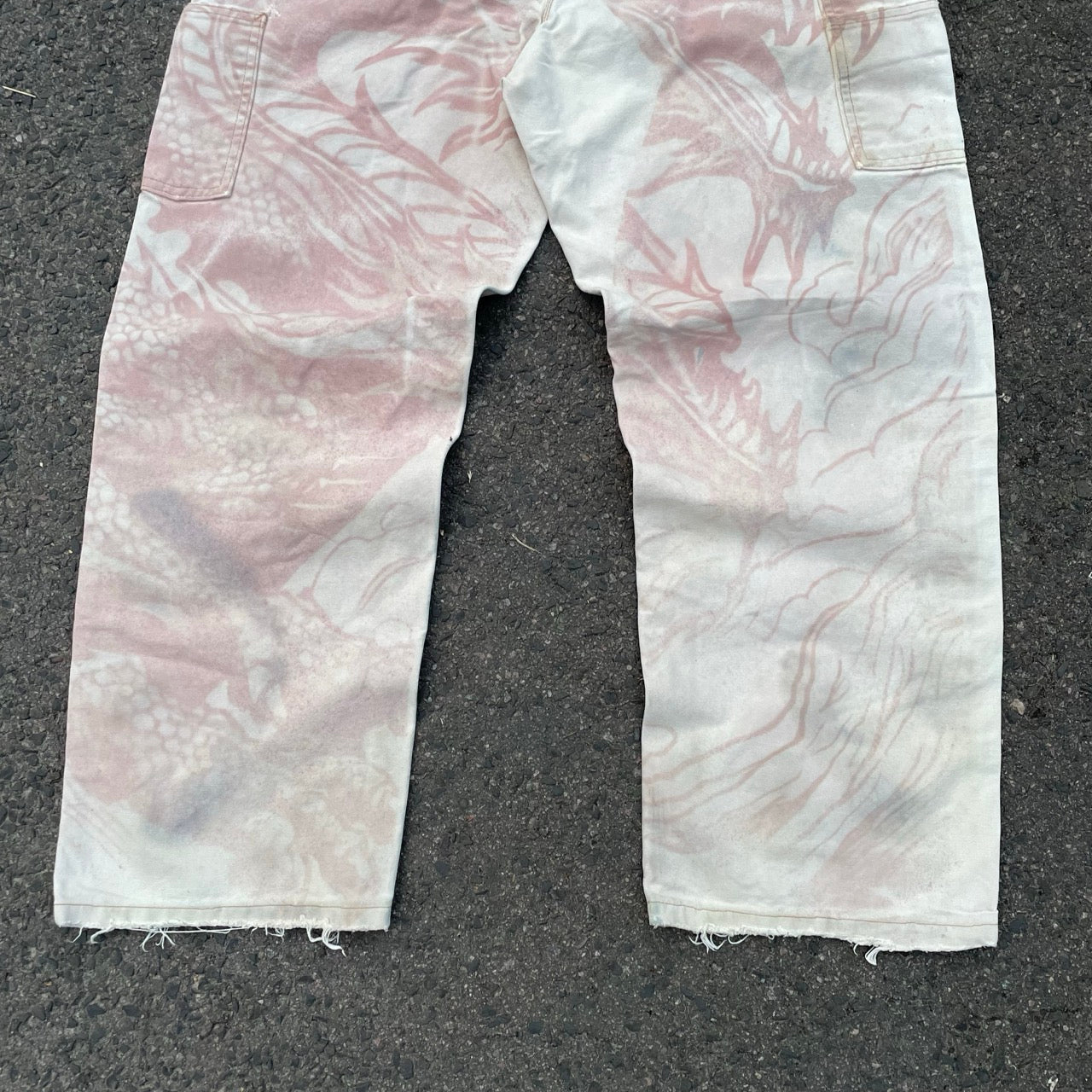 Custom Carhartt Dragon Pants – W34 Off-White Utility Fit with Faded Red Dragon Art | Vintage Workwear 1 of 1