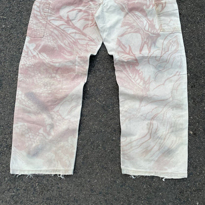 Custom Carhartt Dragon Pants – W34 Off-White Utility Fit with Faded Red Dragon Art | Vintage Workwear 1 of 1