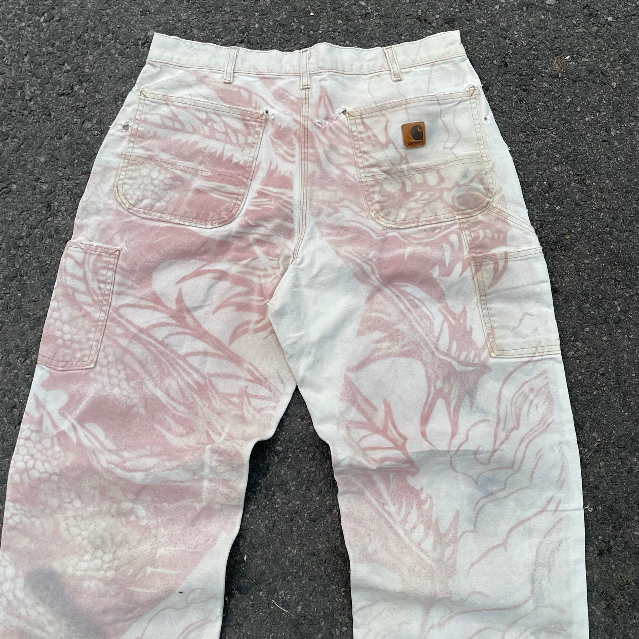 Custom Carhartt Dragon Pants – W34 Off-White Utility Fit with Faded Red Dragon Art | Vintage Workwear 1 of 1