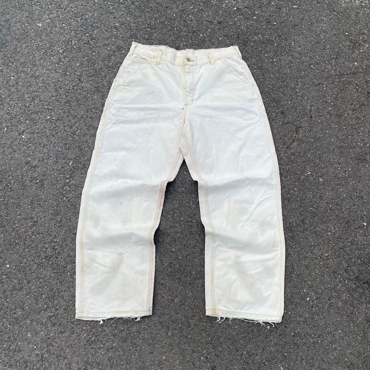 Custom Carhartt Dragon Pants – W34 Off-White Utility Fit with Faded Red Dragon Art | Vintage Workwear 1 of 1
