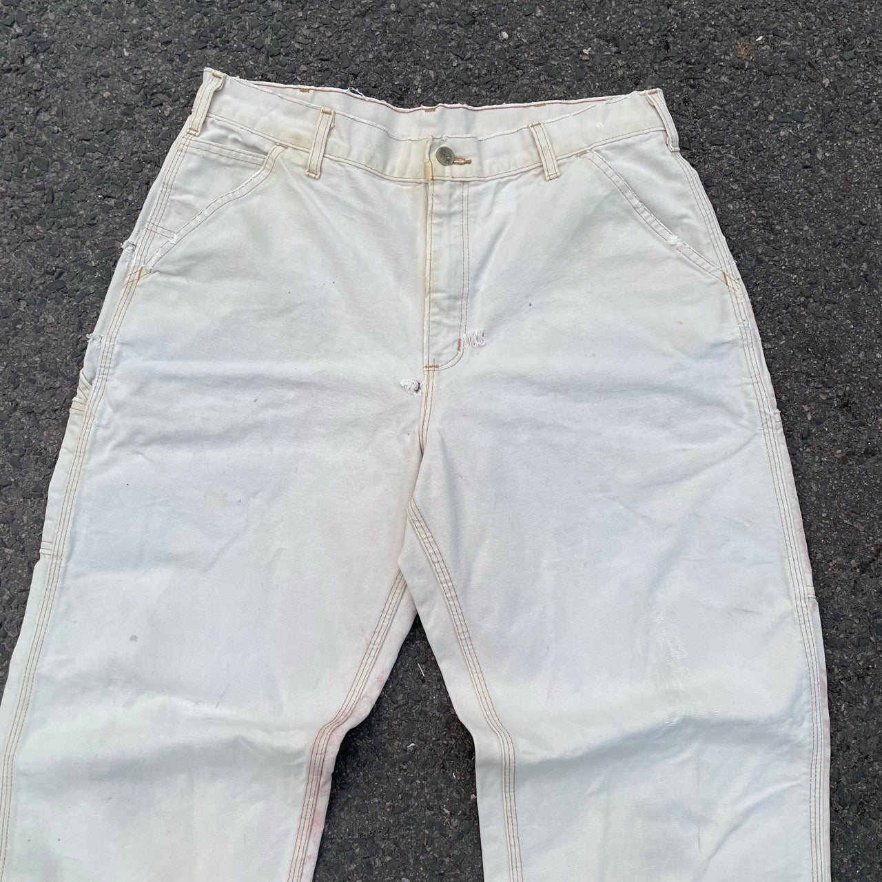 Custom Carhartt Dragon Pants – W34 Off-White Utility Fit with Faded Red Dragon Art | Vintage Workwear 1 of 1