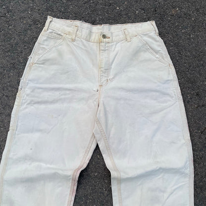 Custom Carhartt Dragon Pants – W34 Off-White Utility Fit with Faded Red Dragon Art | Vintage Workwear 1 of 1