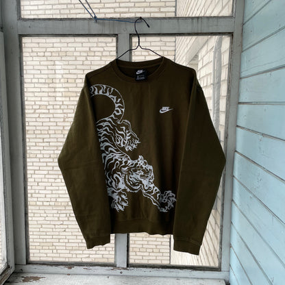 Custom Nike Sweatshirt – Olive Green with White Tiger Print | Vintage Sportswear Grunge 1 of 1