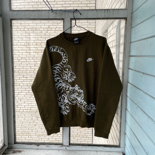 Custom Nike Sweatshirt – Olive Green with White Tiger Print | Vintage Sportswear Grunge 1 of 1