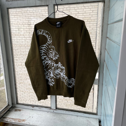Custom Nike Sweatshirt – Olive Green with White Tiger Print | Vintage Sportswear Grunge 1 of 1