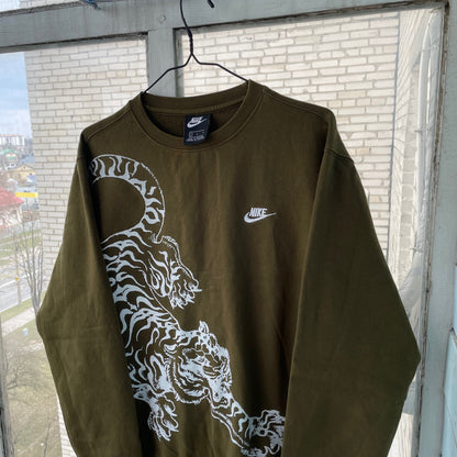 Custom Nike Sweatshirt – Olive Green with White Tiger Print | Vintage Sportswear Grunge 1 of 1