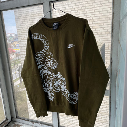 Custom Nike Sweatshirt – Olive Green with White Tiger Print | Vintage Sportswear Grunge 1 of 1