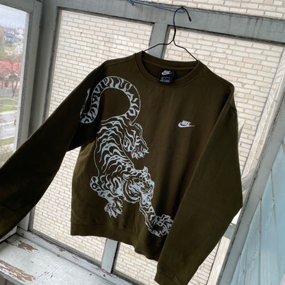 Custom Nike Sweatshirt – Olive Green with White Tiger Print | Vintage Sportswear Grunge 1 of 1