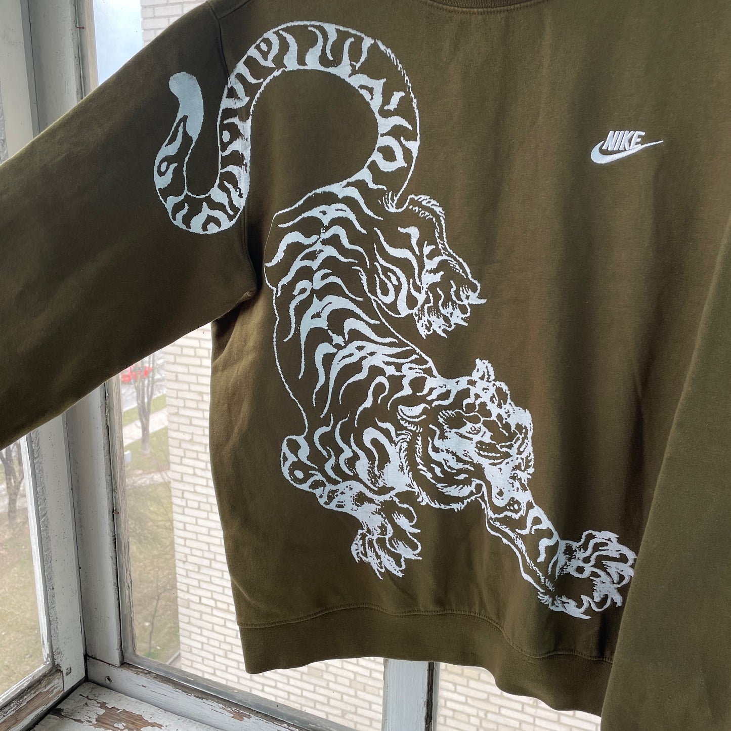 Custom Nike Sweatshirt – Olive Green with White Tiger Print | Vintage Sportswear Grunge 1 of 1