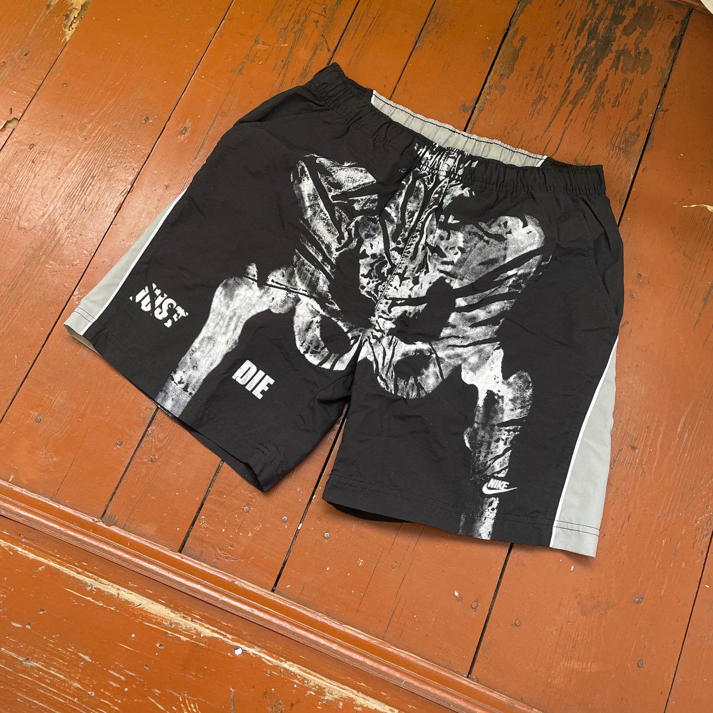 Custom Nike Grunge Shorts – Handprinted Bone Art | Vintage Sportswear 1 of 1