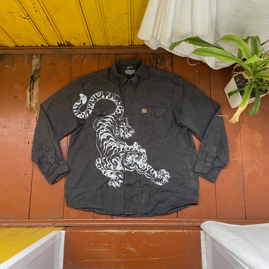 Custom Carhartt Tiger Work Shirt – Handprinted White Tiger on Faded Black | Distressed Vintage 1 of 1