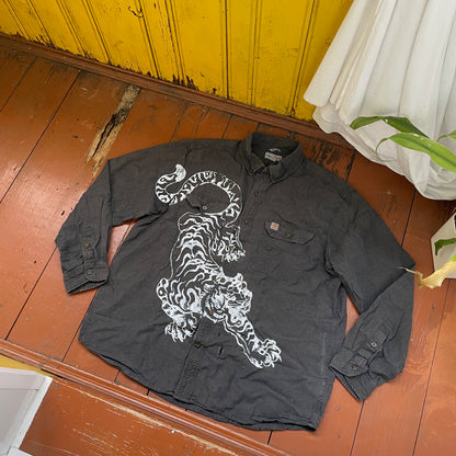Custom Carhartt Tiger Work Shirt – Handprinted White Tiger on Faded Black | Distressed Vintage 1 of 1