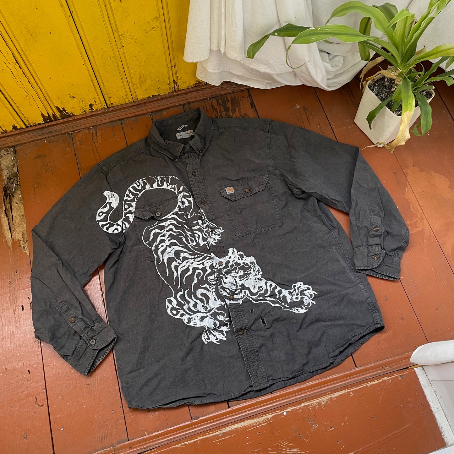 Custom Carhartt Tiger Work Shirt – Handprinted White Tiger on Faded Black | Distressed Vintage 1 of 1