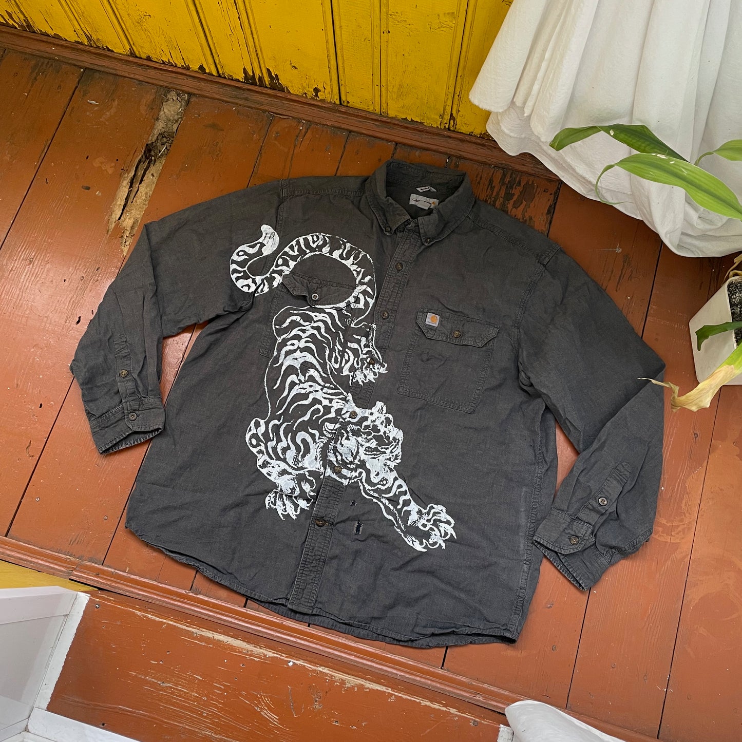 Custom Carhartt Tiger Work Shirt – Handprinted White Tiger on Faded Black | Distressed Vintage 1 of 1