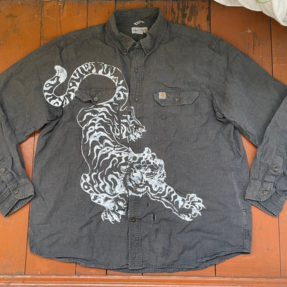 Custom Carhartt Tiger Work Shirt – Handprinted White Tiger on Faded Black | Distressed Vintage 1 of 1