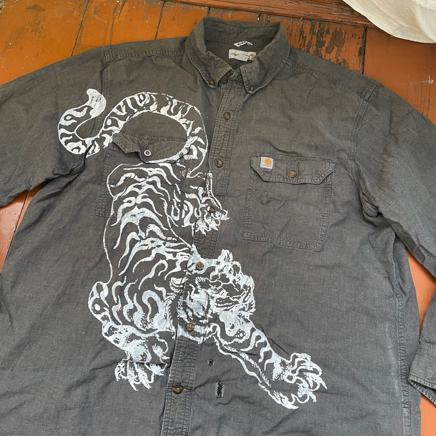 Custom Carhartt Tiger Work Shirt – Handprinted White Tiger on Faded Black | Distressed Vintage 1 of 1