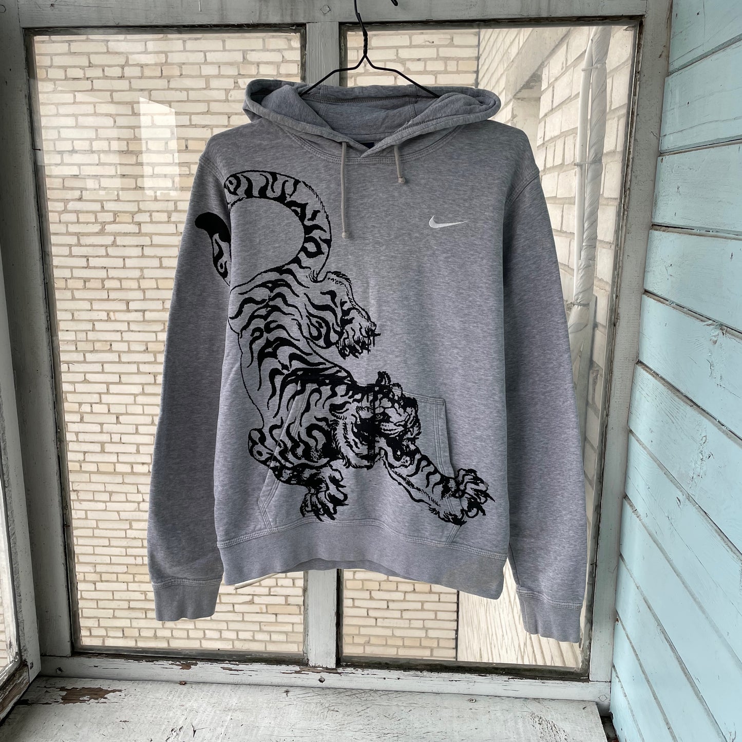 Custom Nike Tiger Hoodie – Handprinted Black Tiger on Grey Hoodie | Vintage Sportswear 1 of 1