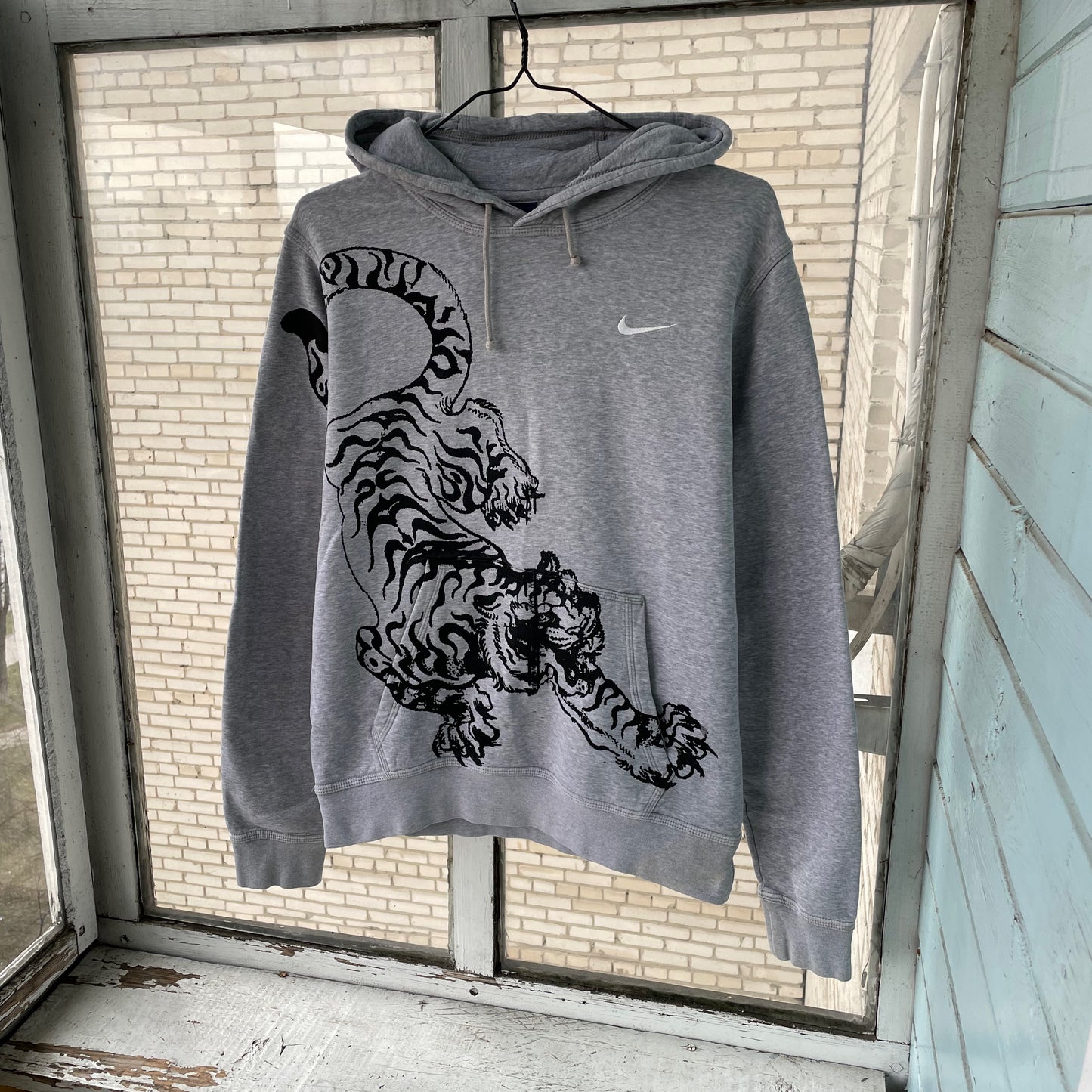Custom Nike Tiger Hoodie – Handprinted Black Tiger on Grey Hoodie | Vintage Sportswear 1 of 1