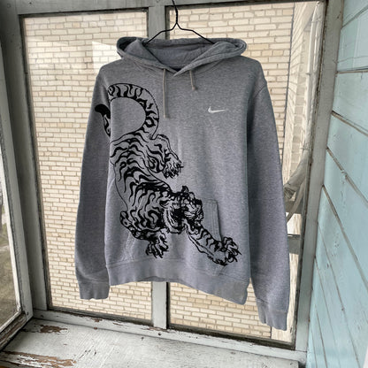 Custom Nike Tiger Hoodie – Handprinted Black Tiger on Grey Hoodie | Vintage Sportswear 1 of 1