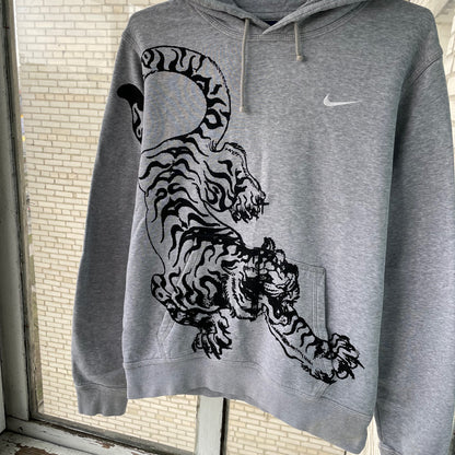 Custom Nike Tiger Hoodie – Handprinted Black Tiger on Grey Hoodie | Vintage Sportswear 1 of 1