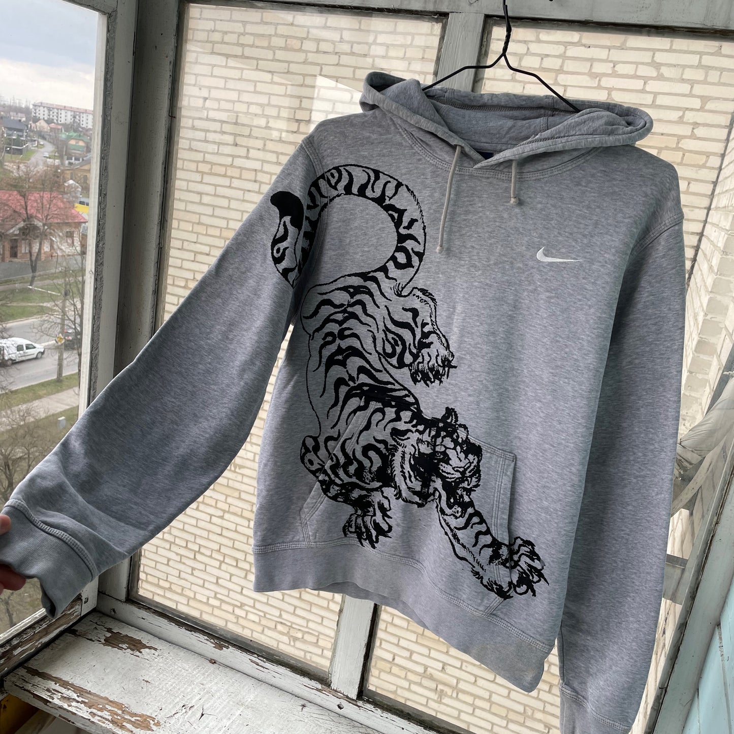 Custom Nike Tiger Hoodie – Handprinted Black Tiger on Grey Hoodie | Vintage Sportswear 1 of 1