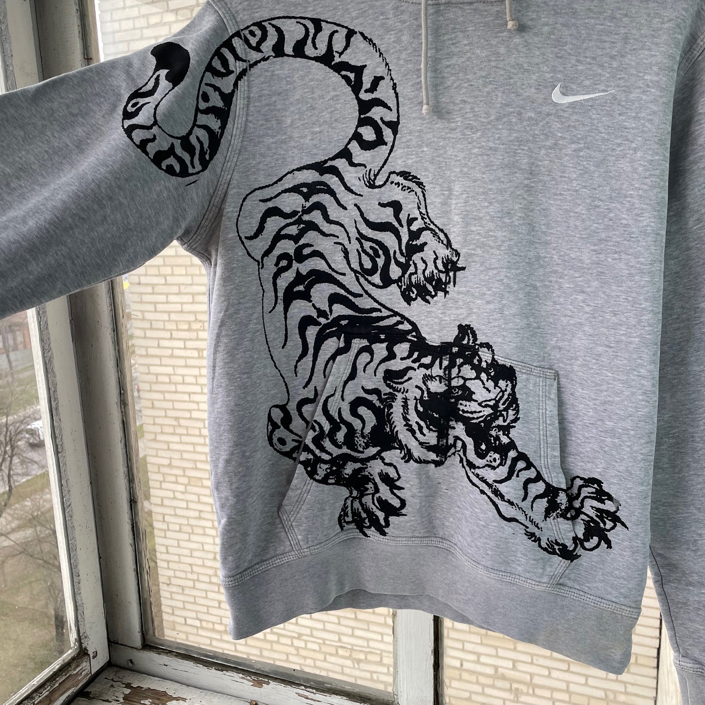 Custom Nike Tiger Hoodie – Handprinted Black Tiger on Grey Hoodie | Vintage Sportswear 1 of 1