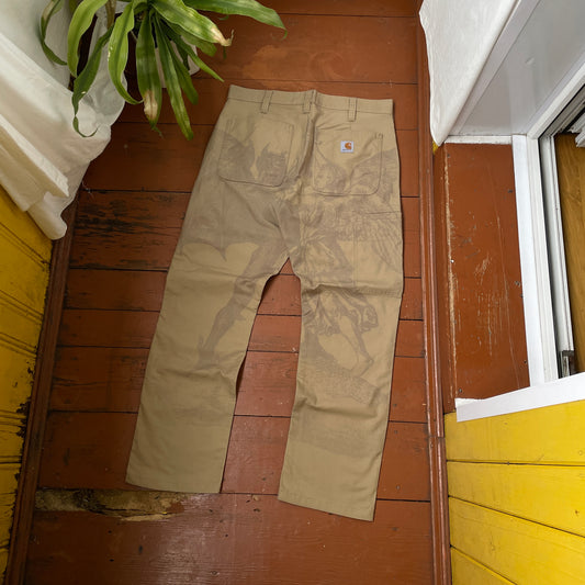 Custom Carhartt Mythical Creature Print Pants – Beige/Khaki Subtle Art | 1 of 1 Reworked Workwear