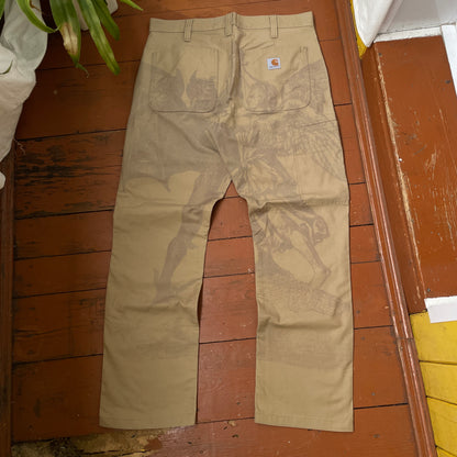 Custom Carhartt Mythical Creature Print Pants – Beige/Khaki Subtle Art | 1 of 1 Reworked Workwear