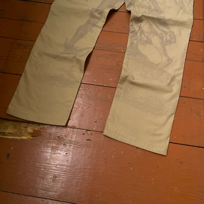 Custom Carhartt Mythical Creature Print Pants – Beige/Khaki Subtle Art | 1 of 1 Reworked Workwear