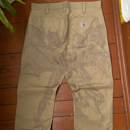 Custom Carhartt Mythical Creature Print Pants – Beige/Khaki Subtle Art | 1 of 1 Reworked Workwear