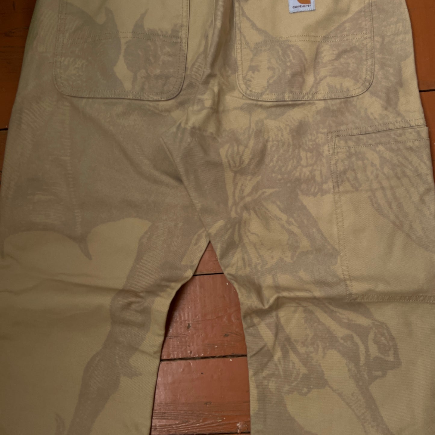 Custom Carhartt Mythical Creature Print Pants – Beige/Khaki Subtle Art | 1 of 1 Reworked Workwear