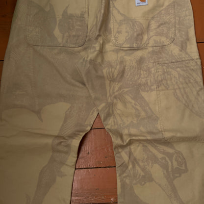 Custom Carhartt Mythical Creature Print Pants – Beige/Khaki Subtle Art | 1 of 1 Reworked Workwear