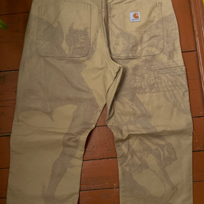 Custom Carhartt Mythical Creature Print Pants – Beige/Khaki Subtle Art | 1 of 1 Reworked Workwear
