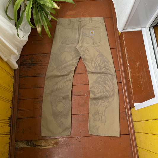 Custom Carhartt Tiger & Dragon Work Pants – Beige Hand-Printed Art | 1 of 1 Reworked