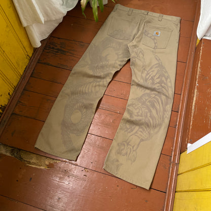 Custom Carhartt Tiger & Dragon Work Pants – Beige Hand-Printed Art | 1 of 1 Reworked