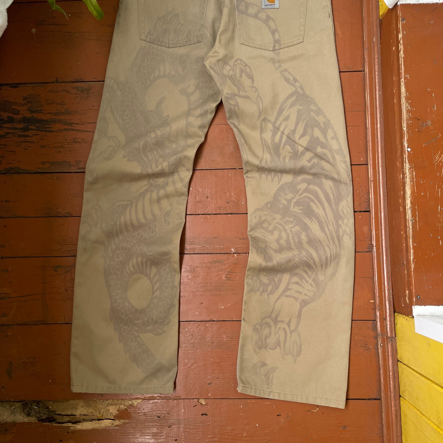 Custom Carhartt Tiger & Dragon Work Pants – Beige Hand-Printed Art | 1 of 1 Reworked