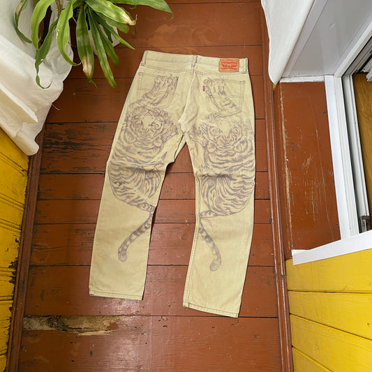 Custom Levi’s Tiger Print Jeans – Beige/Khaki with Bold Artwork | 1 of 1 Reworked