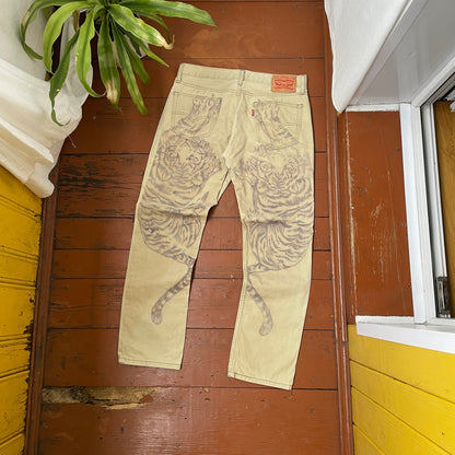Custom Levi’s Tiger Print Jeans – Beige/Khaki with Bold Artwork | 1 of 1 Reworked