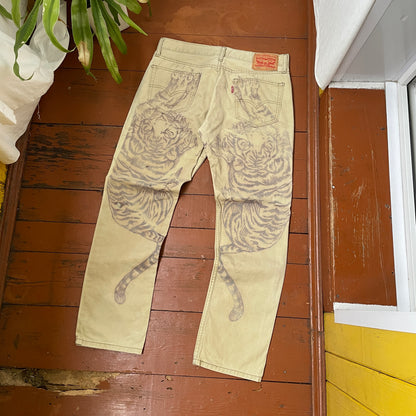 Custom Levi’s Tiger Print Jeans – Beige/Khaki with Bold Artwork | 1 of 1 Reworked