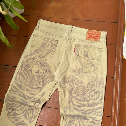 Custom Levi’s Tiger Print Jeans – Beige/Khaki with Bold Artwork | 1 of 1 Reworked