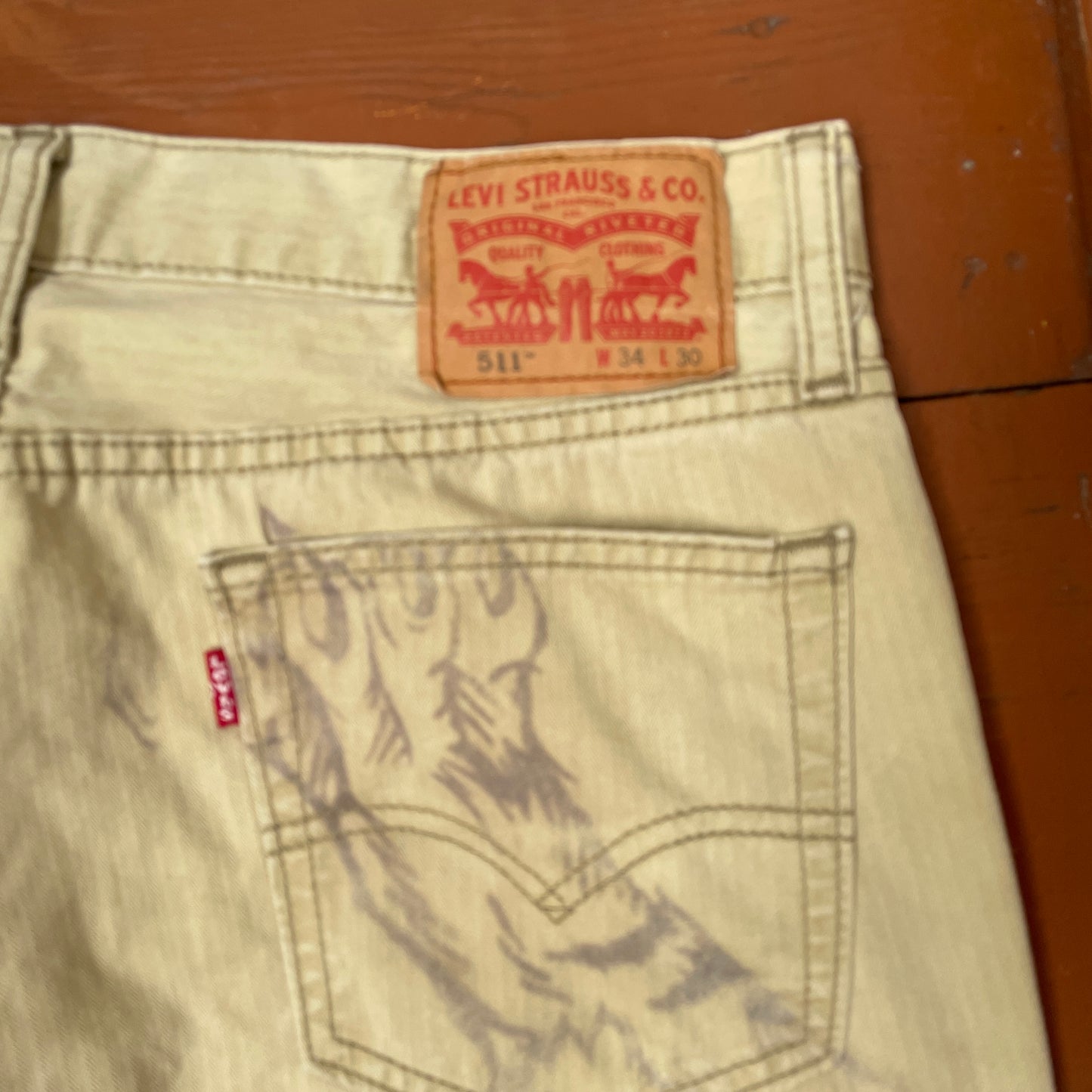 Custom Levi’s Tiger Print Jeans – Beige/Khaki with Bold Artwork | 1 of 1 Reworked
